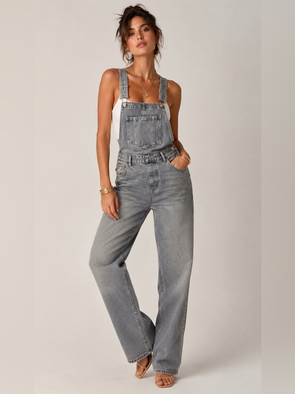 Pull & Bear Gray Denim Overalls for Women - Relaxed Fit Jeans